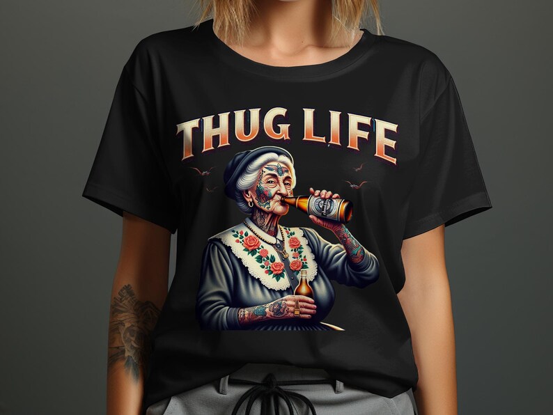 Thug Life Adult Humor T-Shirt, Funny Grandma Drinking Beer Tee, Cool Graphic Tee, Unique Tattooed Grandma Shirt, Hipster Novelty Shirt image 9