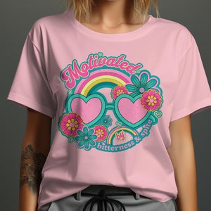 Motivated by Bitterness and Spite T-Shirt, Retro Groovy Design, Cute Heart Sunglasses Shirt, Colorful Floral Tee, Vintage Style Top image 2