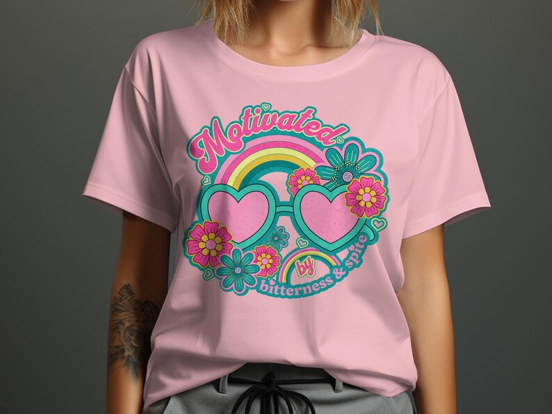 Motivated by Bitterness and Spite T-Shirt, Retro Groovy Design, Cute Heart Sunglasses Shirt, Colorful Floral Tee, Vintage Style Top image 2