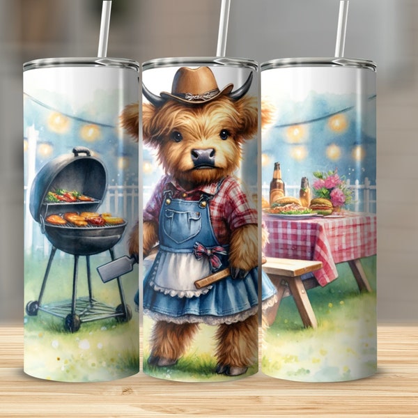 Highland Cow Tumbler, Cute Farm Animal in Denim Dress, BBQ Party Theme, Unique Drinkware Gift