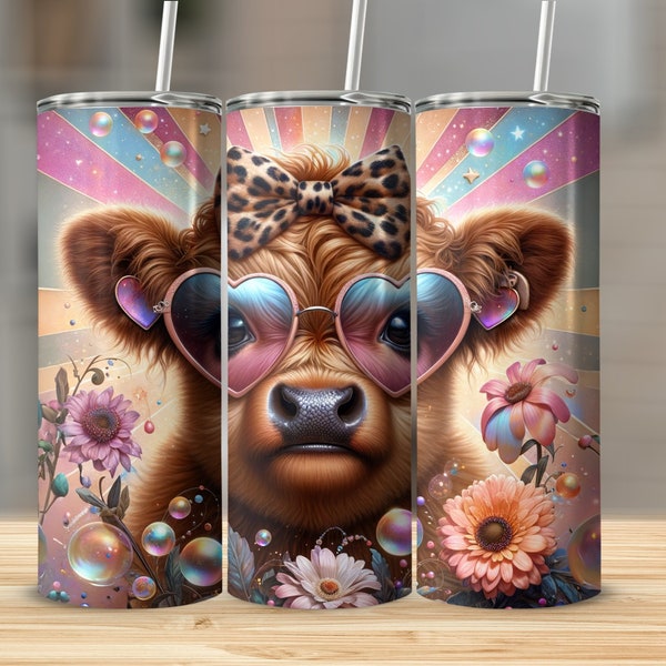 Highland Cow Tumbler with Heart Glasses and Flowers, Cute Animal Print, Spill Proof Travel Mug