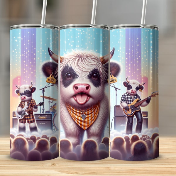 Kiss Inspired Highland Cow Tumbler, Rock Band Cow Design, 20oz Skinny Tumbler, Unique Cattle Print, Music Lover Gift, Customizable