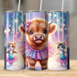 Highland Cow Ballerina Tumbler, Cute Cow and Kittens, Glittery Ballet Dance Theme, Perfect Gift for Dancers