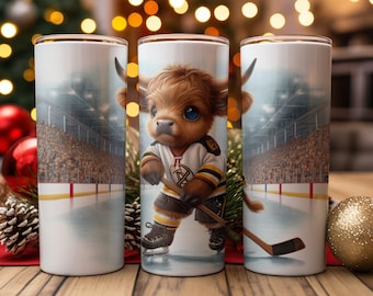 Custom Highland Cow Hockey Tumbler, Best Hockey Gifts for Boy, Hockey Mom Gift Ideas, Unique Hockey Dad Gifts, Hockey Coach Tumbler