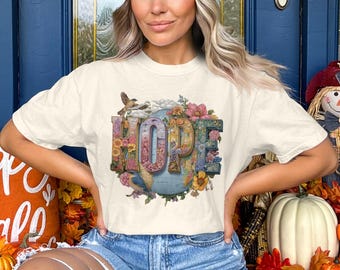HOPE Floral Globe T-Shirt, Vintage Botanical Bird Tee, Inspirational Earth Day Nature Lover Gift, Positive Message Shirt