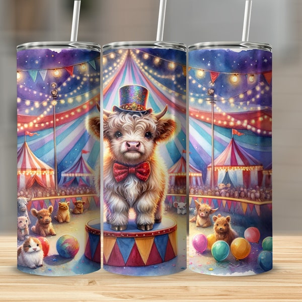 Highland Cow Circus Tumbler, Cute Animal Illustrated Drinkware, Colorful Kids Cup, Whimsical Water Tumbler, Unique Gift Idea
