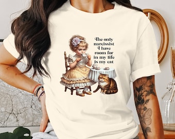 T-shirt femme chat narcissique : humour sarcastique pour adulte, cadeau rétro pour maman chat