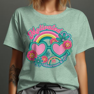 Motivated by Bitterness and Spite T-Shirt, Retro Groovy Design, Cute Heart Sunglasses Shirt, Colorful Floral Tee, Vintage Style Top image 5