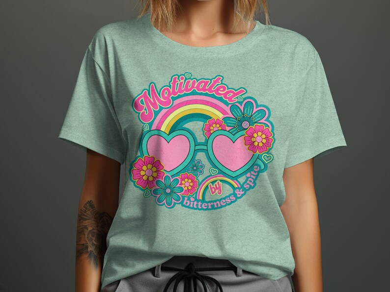 Motivated by Bitterness and Spite T-Shirt, Retro Groovy Design, Cute Heart Sunglasses Shirt, Colorful Floral Tee, Vintage Style Top image 5