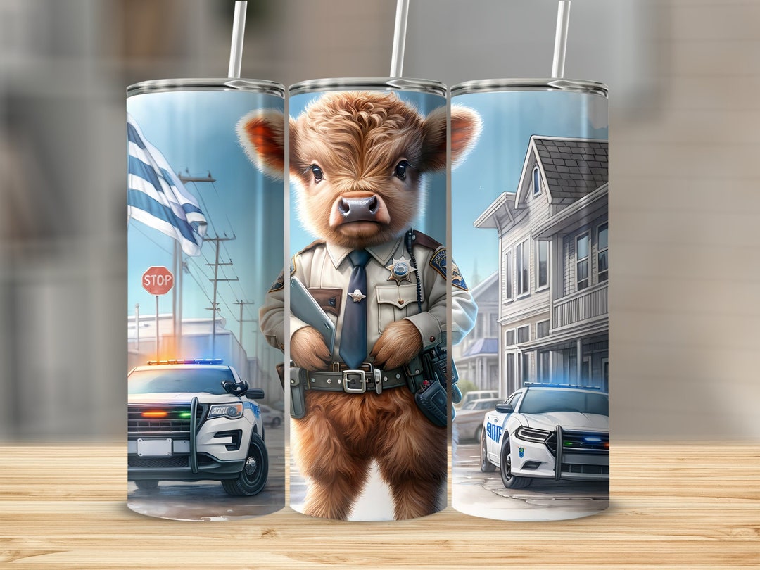 Cop Cow Highland Cow Police Officer Tumbler, Cute Animal Cop Drinkware, Unique ...