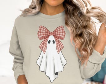 Cute Ghost Gingham Bow T-Shirt | Whimsical Cottagecore Halloween Tee | Spooky Season Fall Aesthetic Apparel for Her