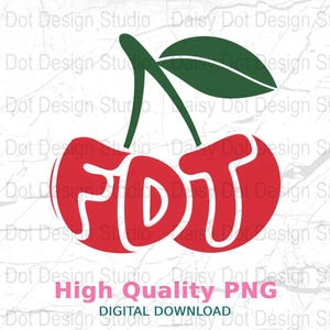 May include: A digital download of a red cherry with the letters "FDT" written on it. The cherry is on a white background with a green stem and leaf.