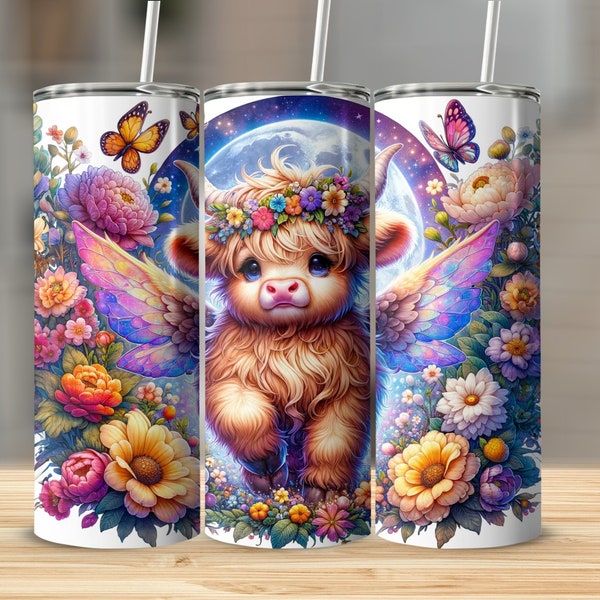 Highland Cow Tumbler, Floral Fantasy Wings, Colorful Butterfly Sky, Unique Drinkware Gift