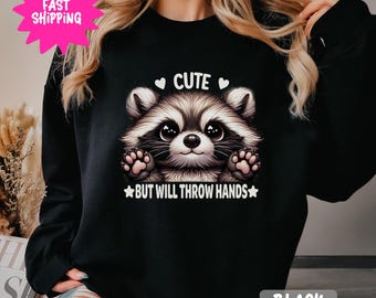 Sudadera con capucha de mapache, pero que tirará las manos, jersey de cuello redondo, jersey divertido con animales, jersey de humor para adultos, jersey informal cómodo