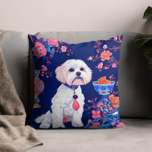 Maltese Throw Pillow Modern Brightly Colored Toile de Juoy Dog Pillow, Throw Pillow, Decorative Dog Breed Cushion, Colorful Dog Couch Pillow