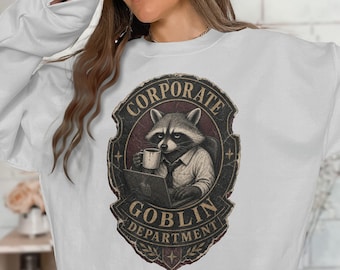 Corporate Goblin Department Raccoon T-Shirt | Funny Work from Home WFH Tee | Vintage Office Humor Shirt | Desk Job Animal Lover Gift