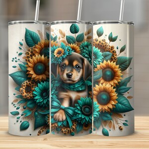 Sunflower and Puppy Tumbler, Cute Dog Floral Insulated Cup, Blue and Yellow Travel Mug, Gift for Dog Lovers