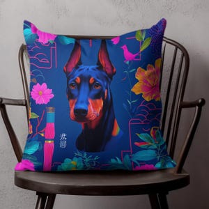 Doberman Pinscher Throw Pillow Modern Decorative Pillow with Brightly Colored Toile de Juoy Pattern, Throw Pillow, Vibrant Home Accent