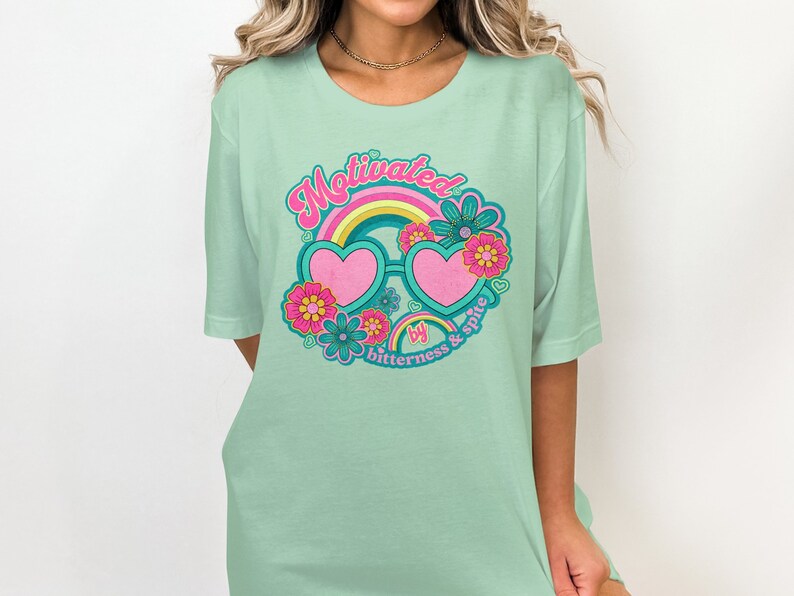 Motivated by Bitterness and Spite T-Shirt, Retro Groovy Design, Cute Heart Sunglasses Shirt, Colorful Floral Tee, Vintage Style Top image 3