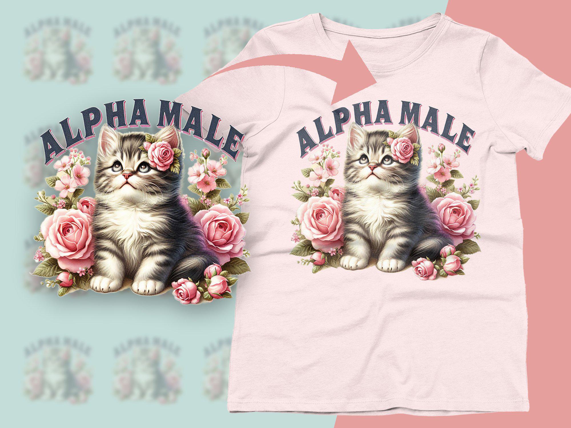 Alpha Male Cat Digital Download, Cute Kitten With Flowers, Retro
