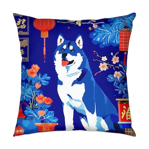 Akita Throw Pillow Modern colorful toile de juoy dog breed throw pillow, vibrant dog design cushion, decorative pillow with unique dog print