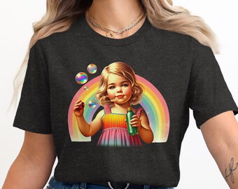 Girl Blowing Bubbles T-Shirt, Rainbow Arch, Iridescent Bubbles Top, Childhood Wonder Tee