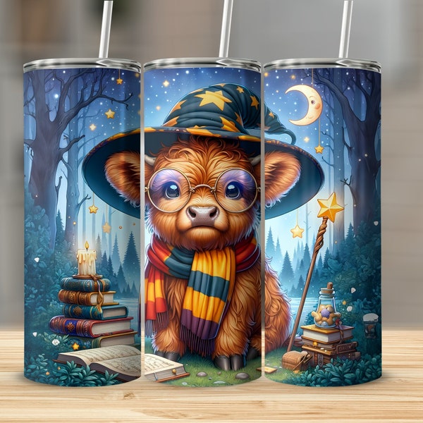 Magical Wizard Highland Cow Tumbler, Fantasy Forest Night Scene, Enchanted Animal with Hat and Scarf, Unique Drinkware Gift