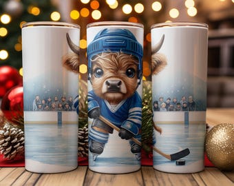 Cute Highland Cow Hockey Player Tumbler, Best Hockey Gifts for Kids, Hockey Coach Gift, Custom Hockey Gift for Hockey Fans, Hockey Birthday