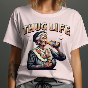 Thug Life Adult Humor T-Shirt, Funny Grandma Drinking Beer Tee, Cool Graphic Tee, Unique Tattooed Grandma Shirt, Hipster Novelty Shirt image 7