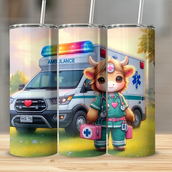 Highland Cow Nurse Ambulance Tumbler, Cute Nursing Themed Travel Mug