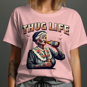 Thug Life Adult Humor T-Shirt, Funny Grandma Drinking Beer Tee, Cool Graphic Tee, Unique Tattooed Grandma Shirt, Hipster Novelty Shirt image 5