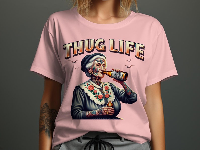 Thug Life Adult Humor T-Shirt, Funny Grandma Drinking Beer Tee, Cool Graphic Tee, Unique Tattooed Grandma Shirt, Hipster Novelty Shirt image 5