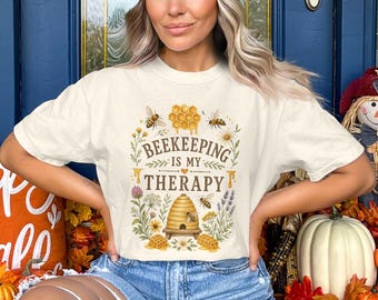 Beekeeping Is My Therapy T-Shirt, Bee Lover Gift, Beekeeper Honey Shirt, Cottagecore Nature Lover Wildflower Tee, Rustic Apiary Shirt
