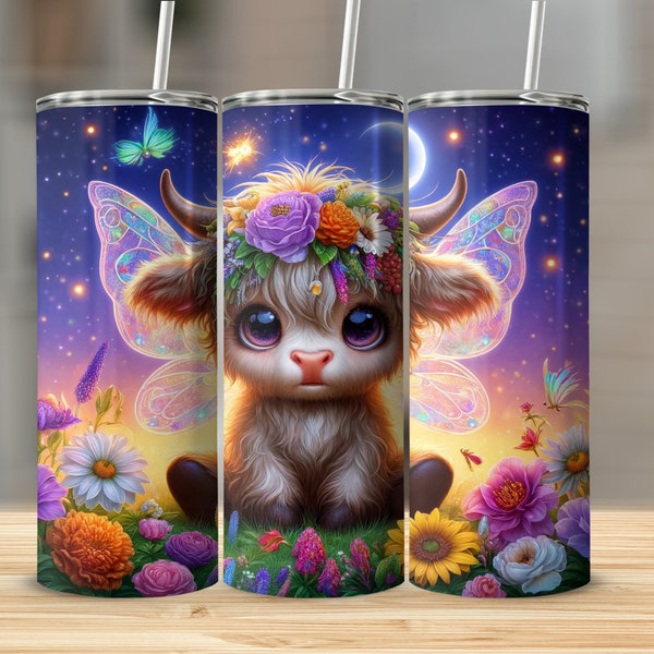 Highland Cow Tumbler with Fairy Wings, Floral Crown Night Sky Design, Unique Fantasy Animal Drinkware