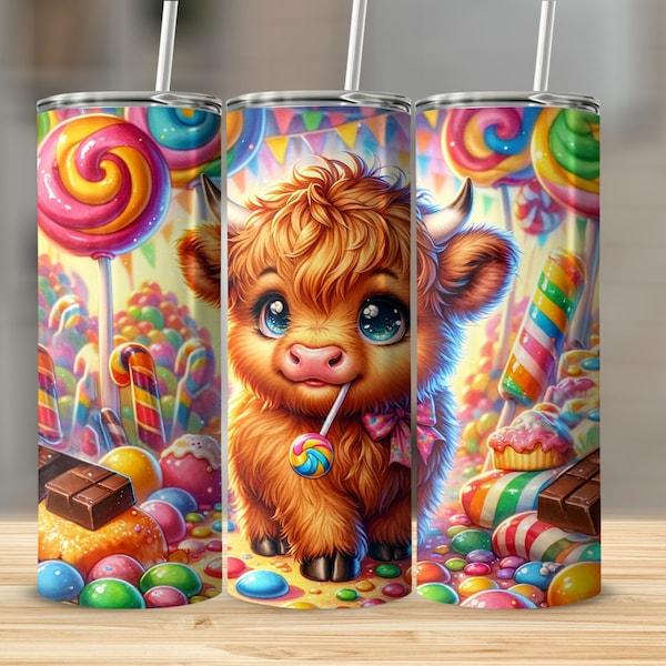 Highland Cow In Candy Land Tumbler, Cute Cow Tumbler with Lollipops and Sweets, Colorful Drinkware for Kids and Adults