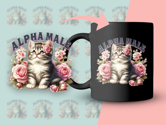Alpha Male Cat Digital Download, Cute Kitten With Flowers, Retro