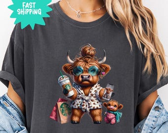 Hot Mess Mom Highland Cow Comfort Colors T-Shirts, Adorable Cow With Coffee Tee, Cute Animal Design Top, Comfort Colors Tee