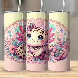 Cute Axolotl Tumbler, Pastel Pink Kawaii Coffee Mug, Adorable Fantasy Creature Travel Cup