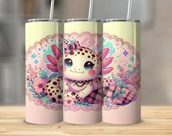 Puede incluir: Un vaso de acero inoxidable rosa y amarillo con un lindo axolotl de dibujos animados que lleva un lazo y está rodeado de flores y un patrón de cuadros.