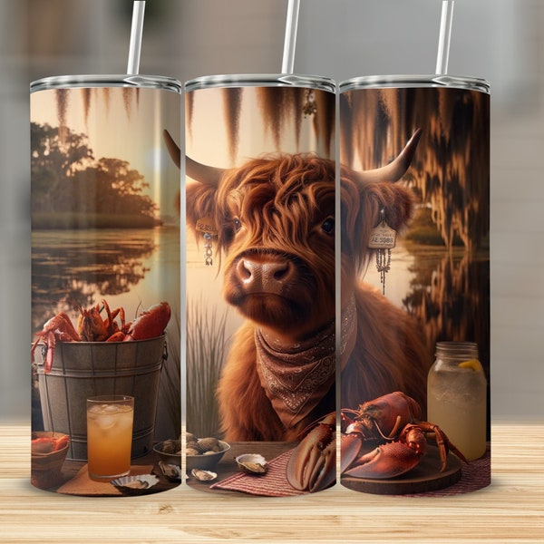 Highland Cow Tumbler, Rustic Animal Sunset Scene, Insulated Drinkware, Unique Farmhouse Style Gift