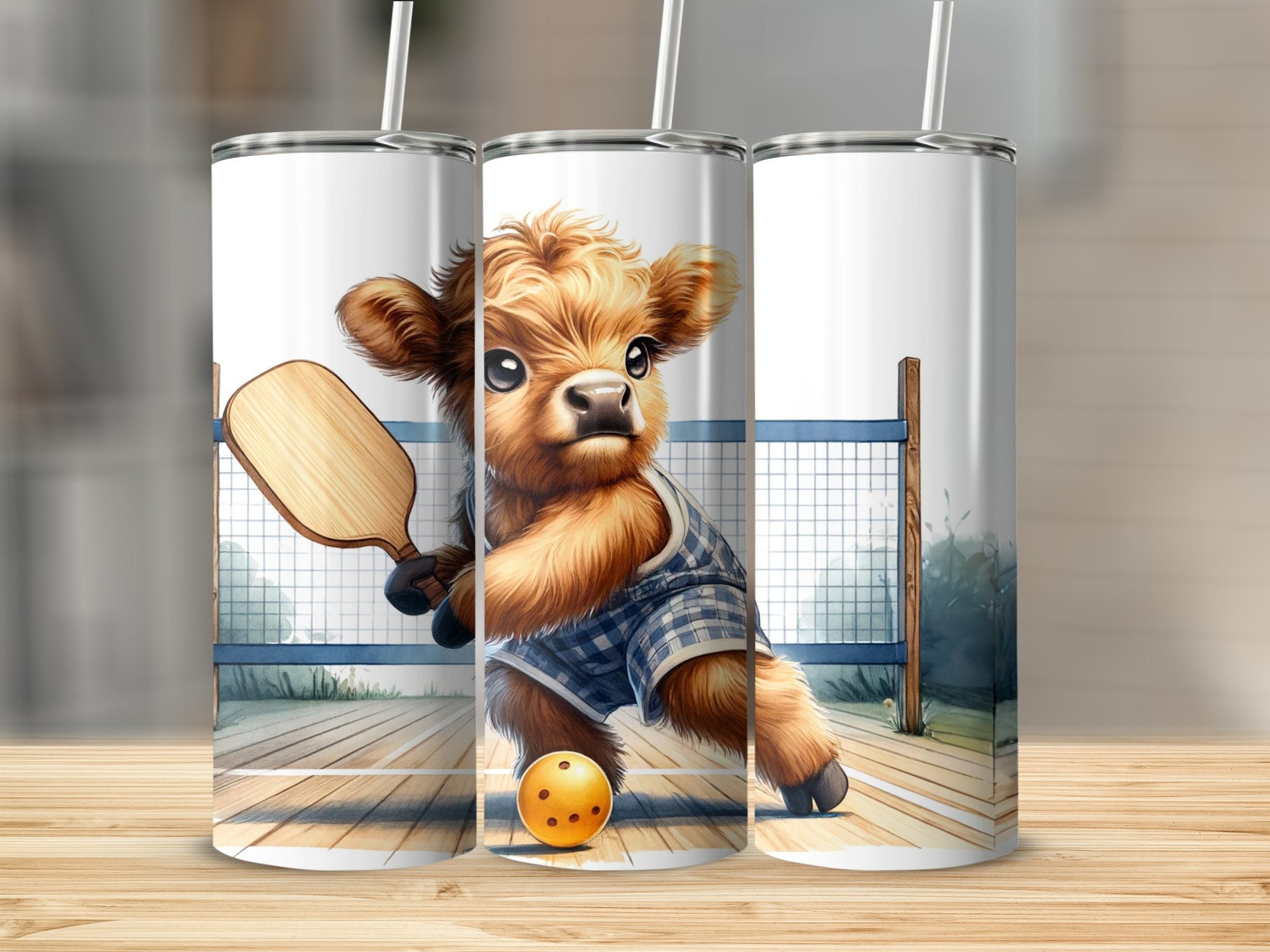 Highland Cow Playing Pickleball Cute Animal Tumbler, Sports