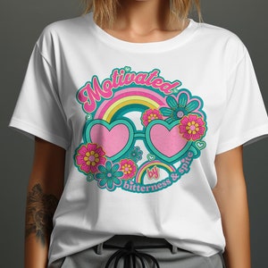 Motivated by Bitterness and Spite T-Shirt, Retro Groovy Design, Cute Heart Sunglasses Shirt, Colorful Floral Tee, Vintage Style Top image 4