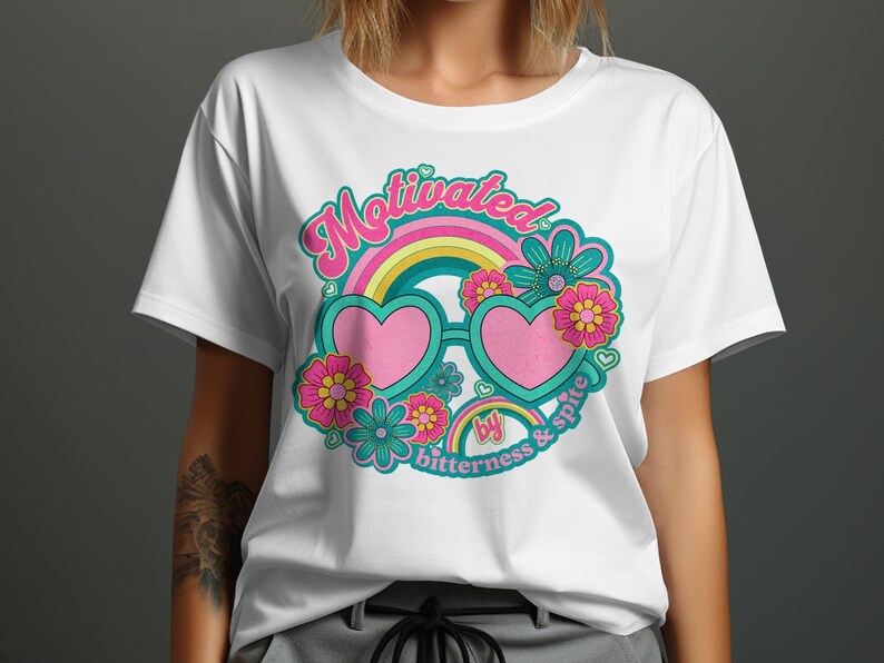 Motivated by Bitterness and Spite T-Shirt, Retro Groovy Design, Cute Heart Sunglasses Shirt, Colorful Floral Tee, Vintage Style Top image 4