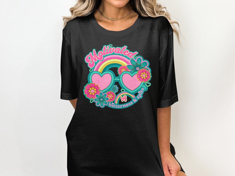 Motivated by Bitterness and Spite T-Shirt, Retro Groovy Design, Cute Heart Sunglasses Shirt, Colorful Floral Tee, Vintage Style Top image 8