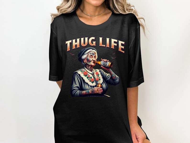Thug Life Adult Humor T-Shirt, Funny Grandma Drinking Beer Tee, Cool Graphic Tee, Unique Tattooed Grandma Shirt, Hipster Novelty Shirt image 3