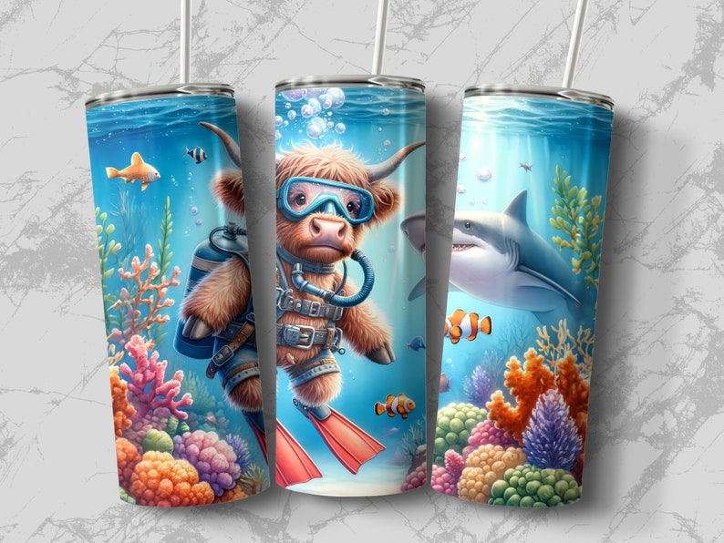Highland Cow Scuba Diving Tumbler, Ocean Adventure Isolierter Becher