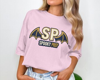 Spooky Prep T-Shirt, Dark Academia Tee with Faux Embroidered Bat Wing Crest, Collegiate Goth Halloween Aesthetic Gift for Students &