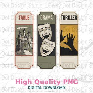 Puede incluir: Tres talonarios de entradas imprimibles con diseños de estilo vintage. El primer talonario está etiquetado como "FABLE" y presenta una ilustración de un castillo. El segundo talonario está etiquetado como "DRAMA" y presenta dos máscaras teatrales. El tercer talonario está etiquetado como "THRILLER" y presenta una silueta de una mano que se extiende.