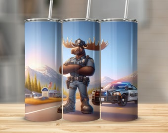 Funny Moose Police Officer Tumbler, Unique Law Enforcement Gift, Cute Cartoon Inspired Tumbler, Perfect for Animal Lovers, Novelty Cup