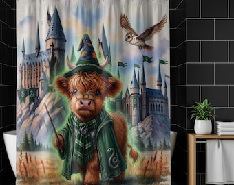Slytherin Highland Cow Shower Curtain, Wizard Fantasy Cow Bathroom Decor, Magical Animal Art Print, Whimsical Gift